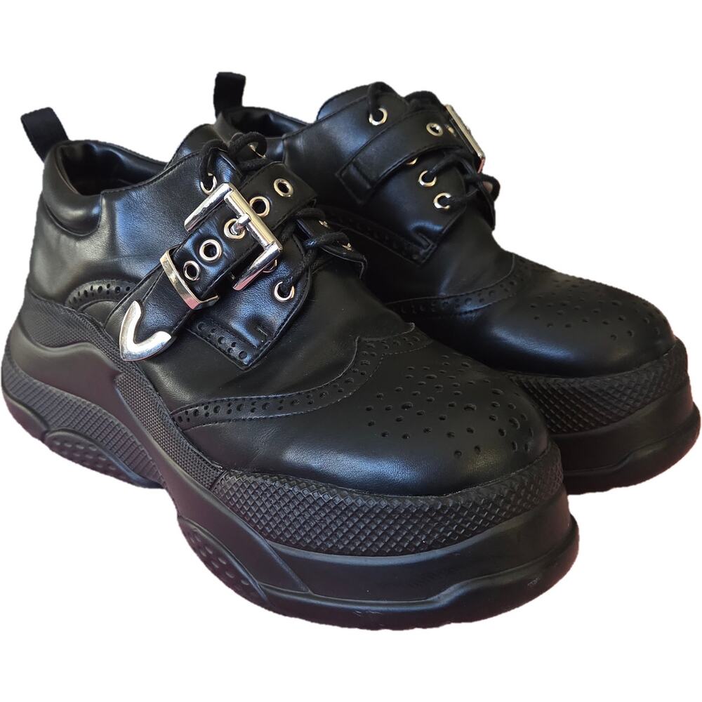 Lamoda Black Vegan Leather Chunky  Platform Sneakers Goth Shoes 37 7 EUC